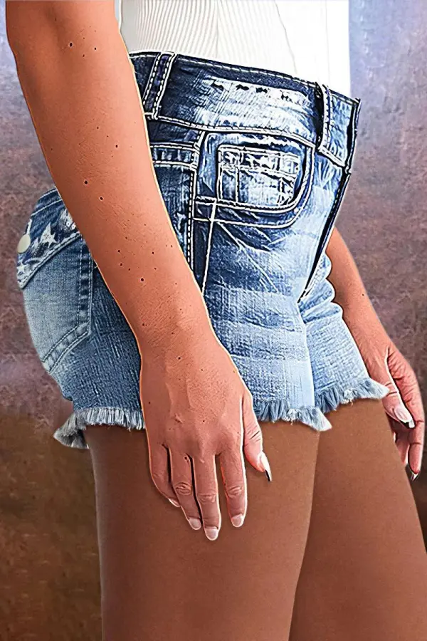 Embroidery Detail Raw Hem High Waist Denim Shorts