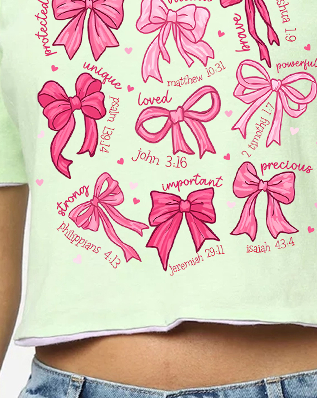 Light Green Reversible Bow Print Cropped T-shirt