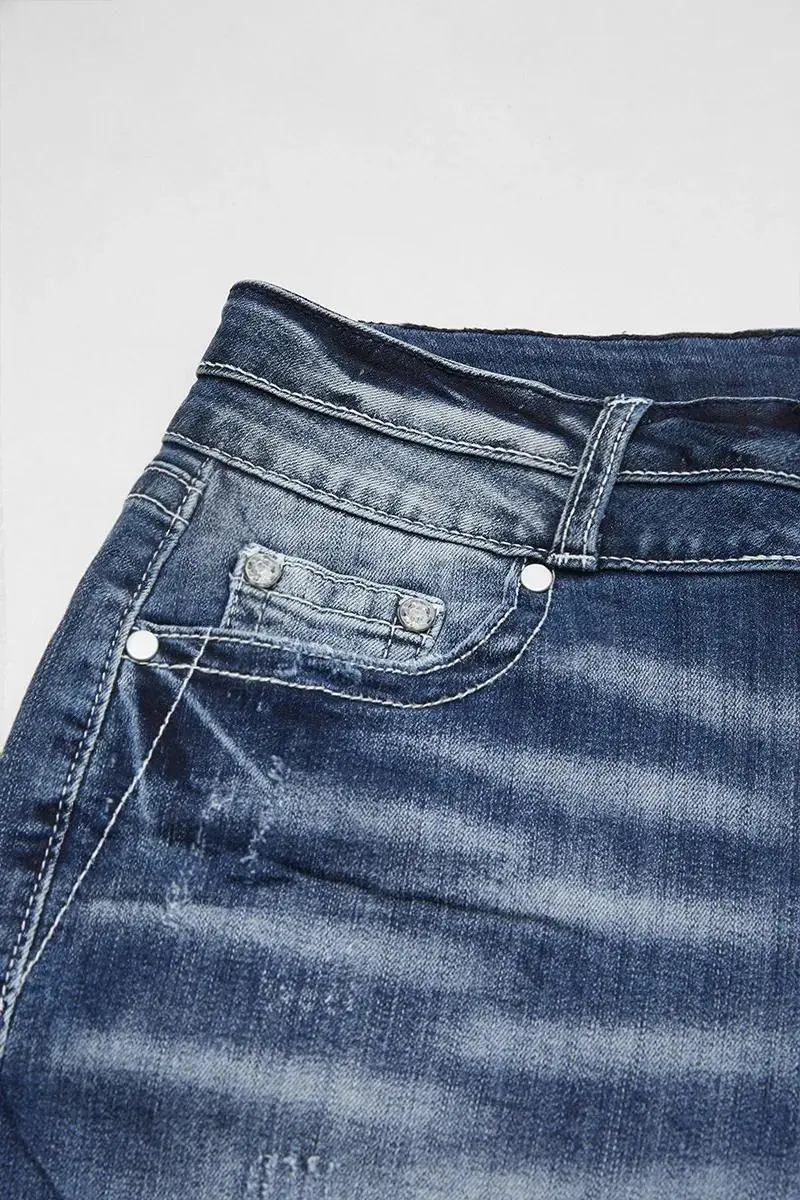 Ripped Roll Hem Double Button Mid Waist Denim Bermuda Shorts