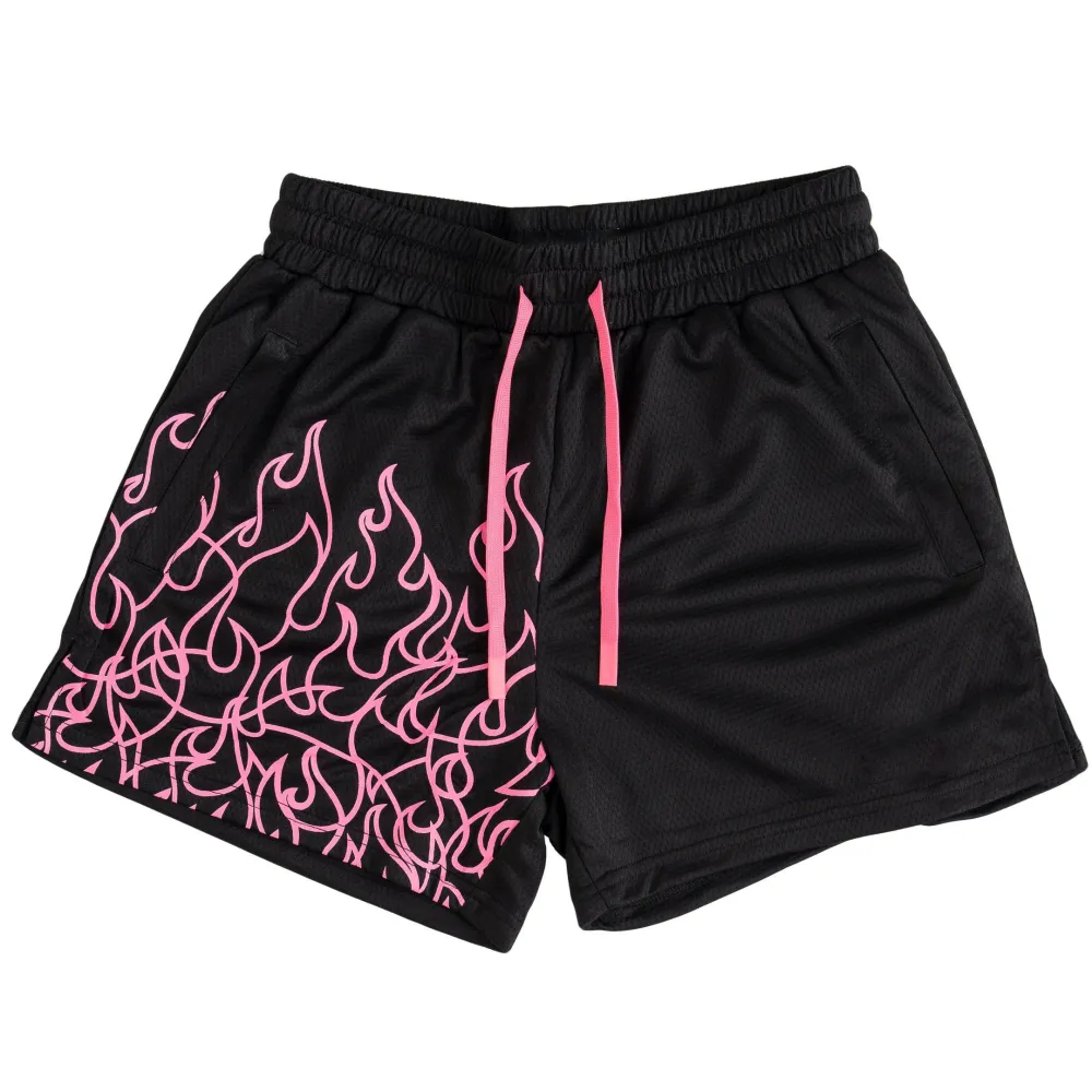 MUAY THAI FLAME SHORTS (MID THIGH CUT) - BLACK / PINK