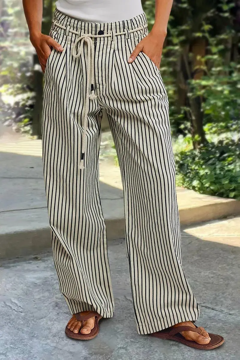 Striped Drawstring Pleated Mid Rise Straight Leg Pants