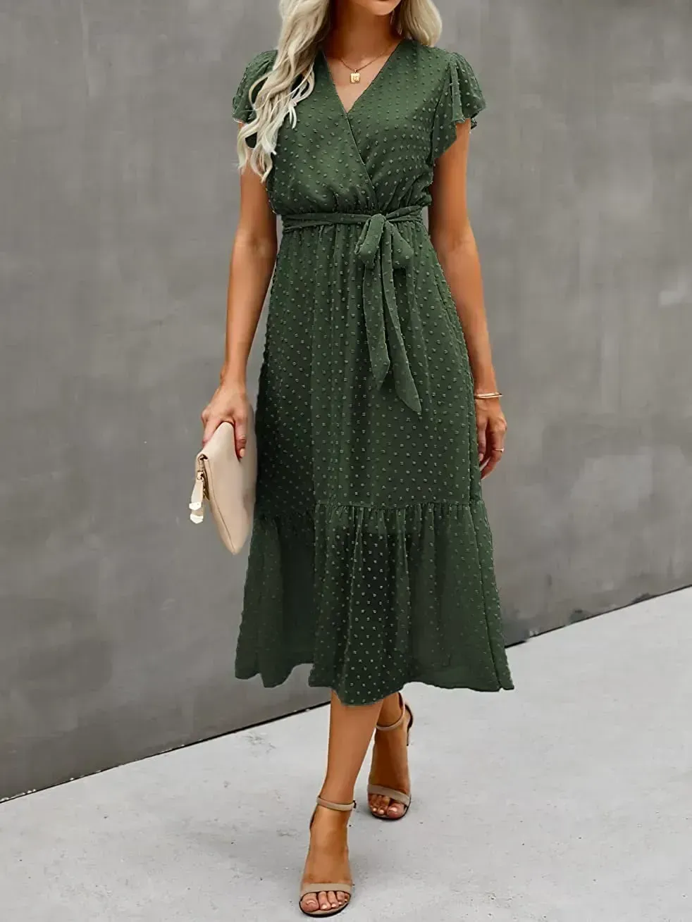 Women Summer Bohemian Floral Casual Wrap V Neck Ruffle Cap Sleeveless Belt A-Line Pleated Hem Swing Midi Sun Dress