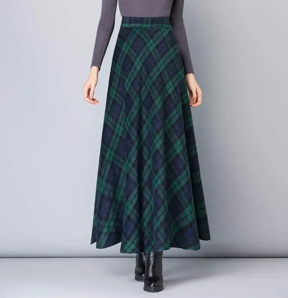 Women's Winter Elegant Warm Long Skirt Wool Maxi Skirts Elastic Waist A-Line High Waist Plaid Pleated Skirt S-3XL