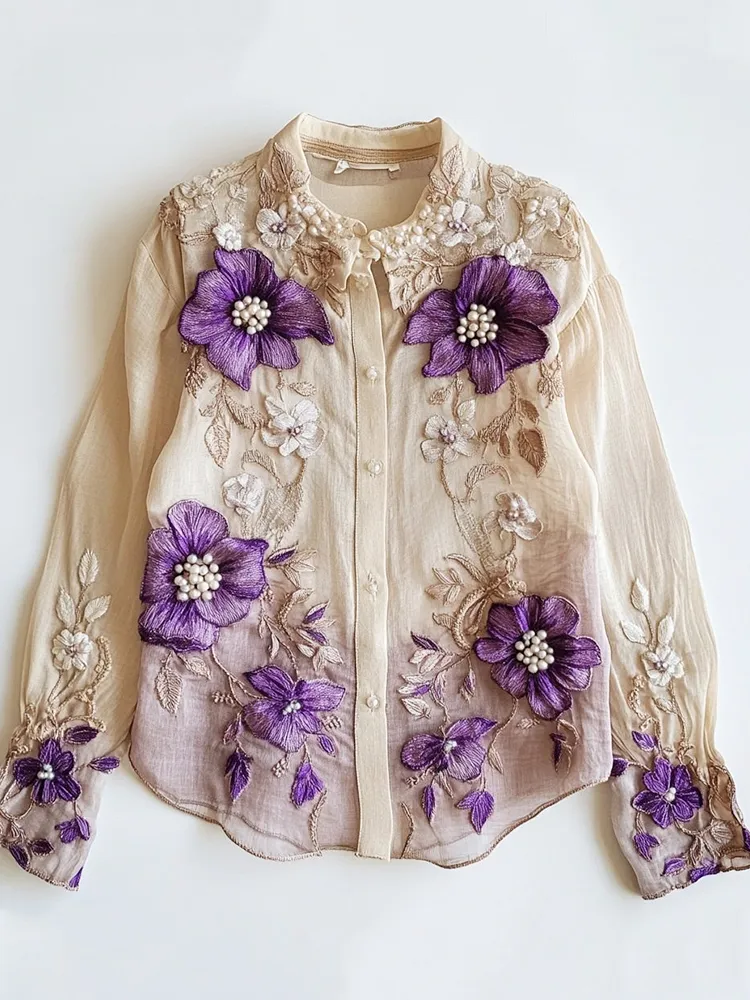 Women's Lace Floral Embroidered Linen Blend Shirt