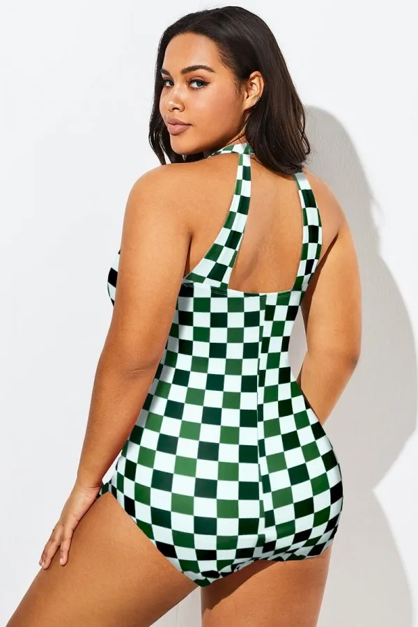 Light Green Check Sarong Front One Piece Swimsuit