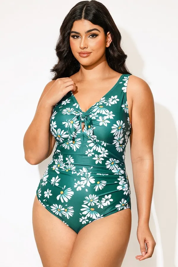 Plus Size Daisy Print Knotted Ruched One Piece Swimsuit