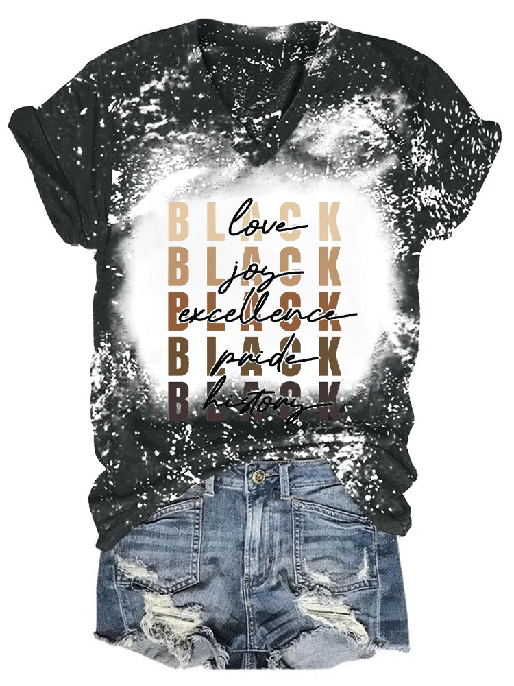 Women'S Black Love Joy Excellence Pride History V-Neck T-Shirt