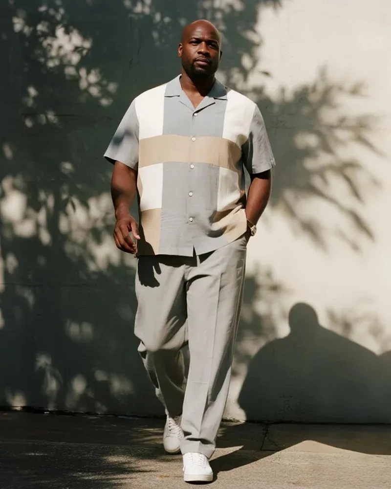 Big & Tall Men's Business Geometric Short Sleeve Shirt and Pants Suit