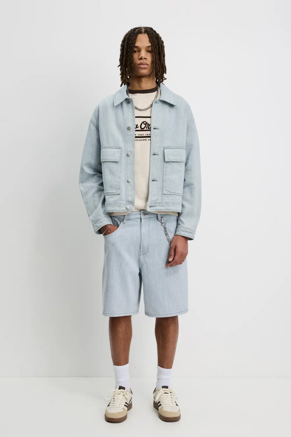 Baggy textured denim Bermuda shorts