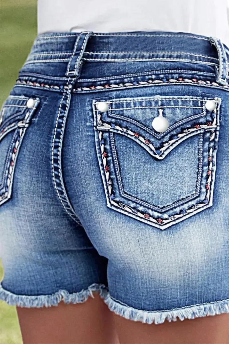 Raw Hem Stitch Detail Mid Rise Denim Shorts