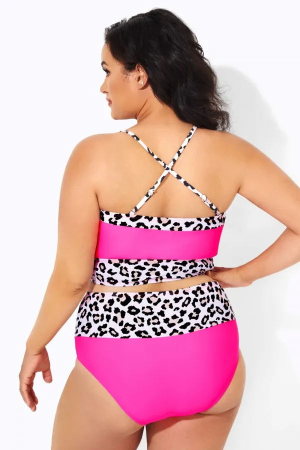 Neon Pink Leopard Women Swim Bikini Top