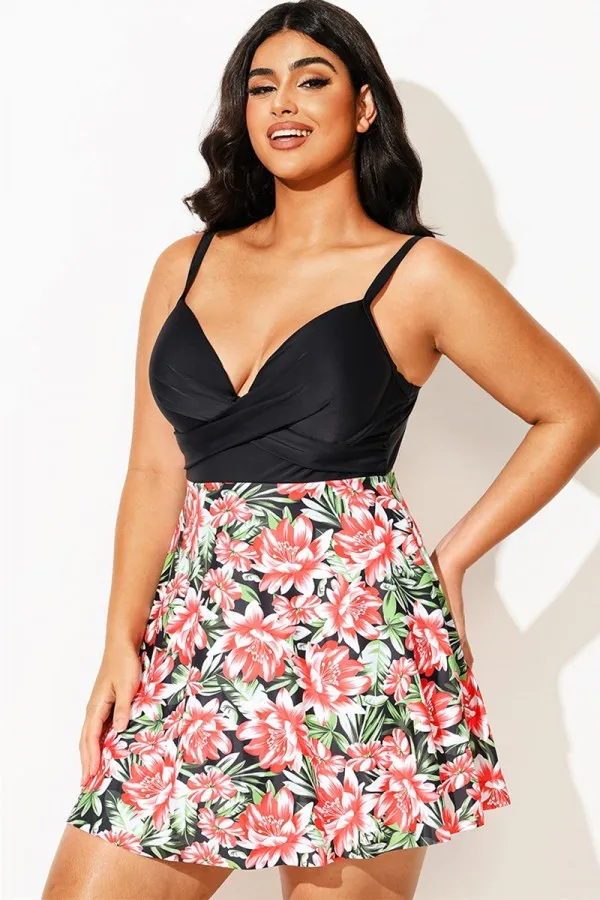 Plus Size Contrast Floral Print Style Swimdress