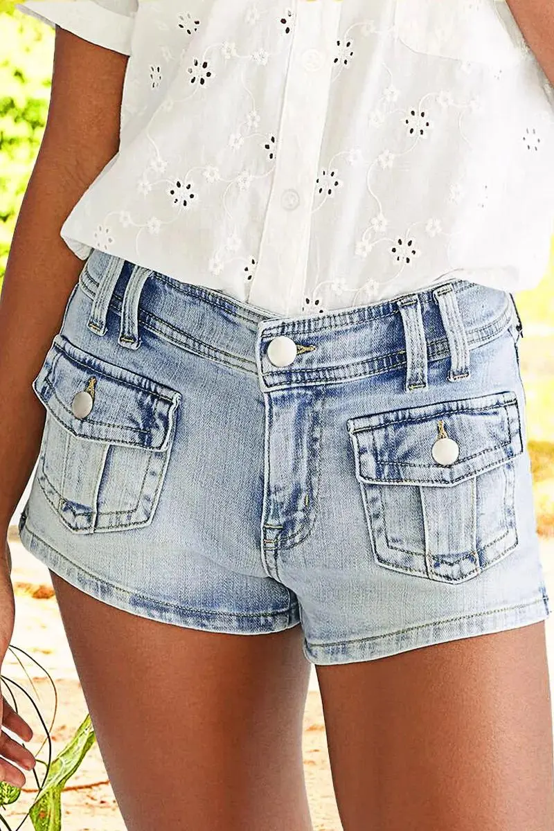 Wash Flap Pocket Front Low Waist Denim Shorts