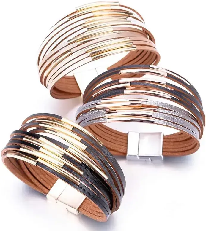 Fesciory Leather Wrap Bracelets for Women, Boho Leopard Multi-Layer Crystal Beads Cuff Bracelet Jewelry