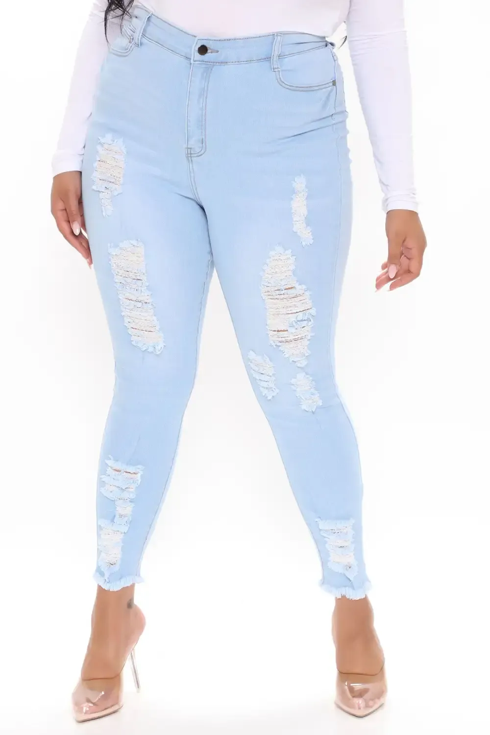Kenley Distressed HIgh Rise Skinny Jeans - Light Blue Wash