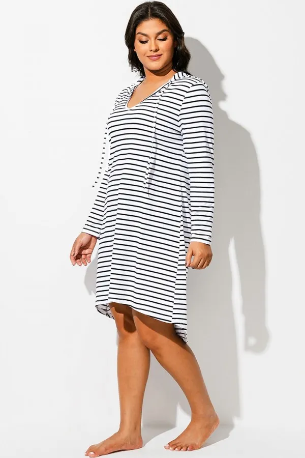 Black & White Striped Cover Up Hoodie Dress