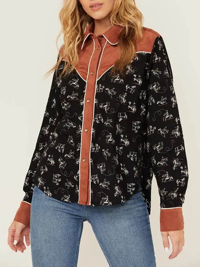 Women's Vintage Western Art Print Casual Linen Shirt