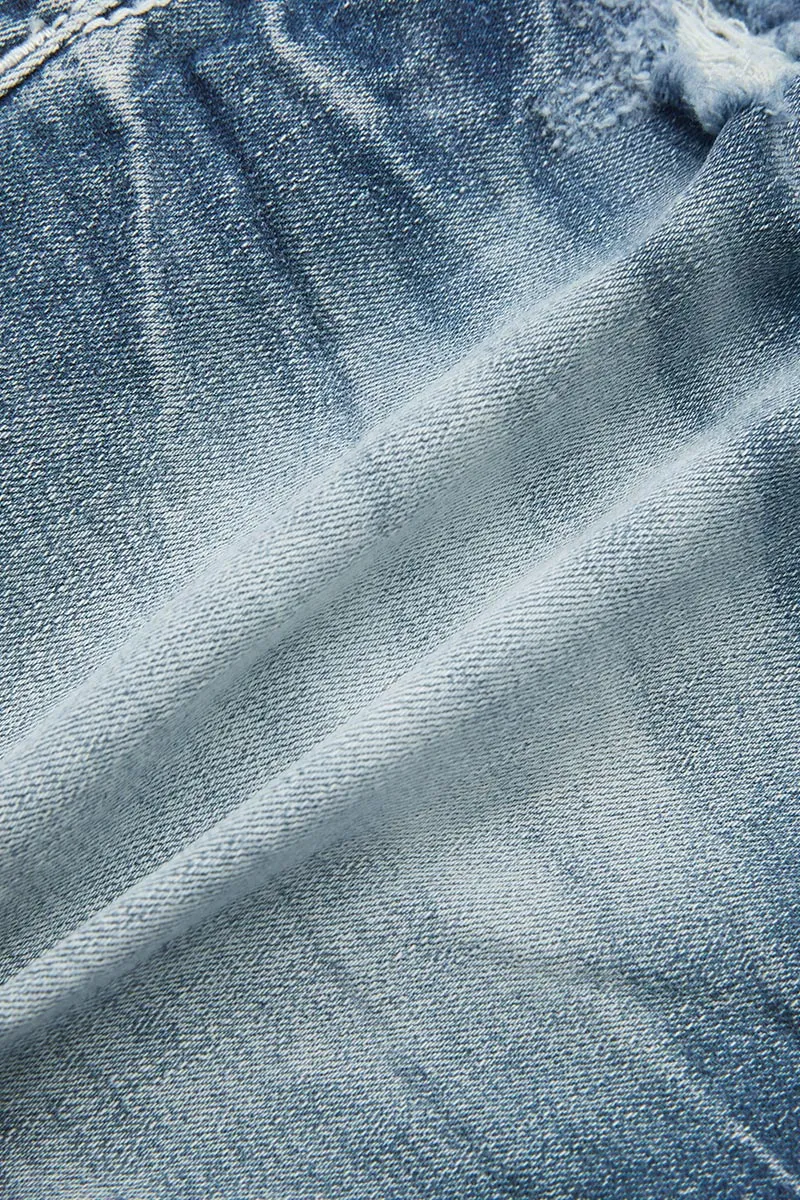 Wash Ripped Raw Hem Mid Waist Denim Shorts