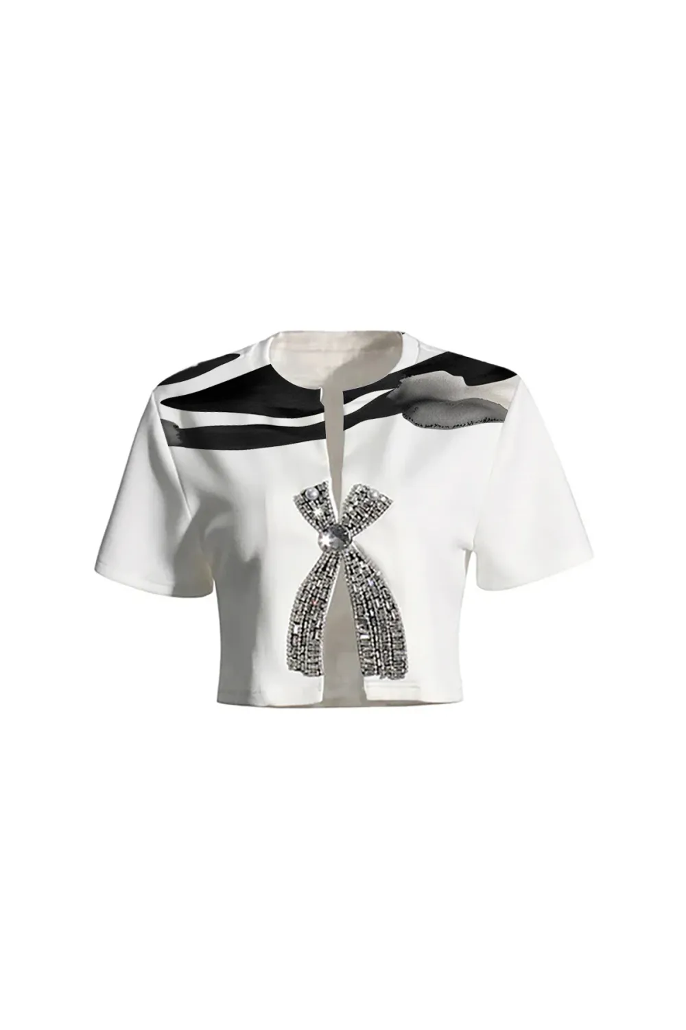 Sparkly Crew Neck Split Crystal Bow Embellished Short Sleeve Crop T Shirt