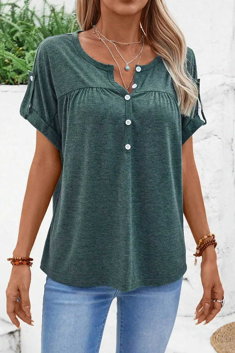 Half Placket Ruched Detail Roll Tab Sleeve T-Shirt