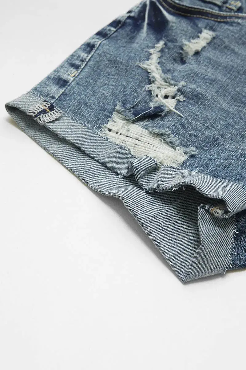 Stripe Ripped Roll Hem Button Fly Denim Shorts