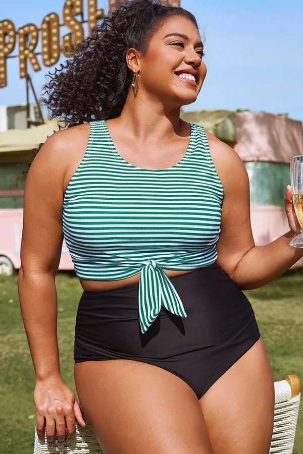 Plus Size Green Stripe Knotted Crop Bikini Top