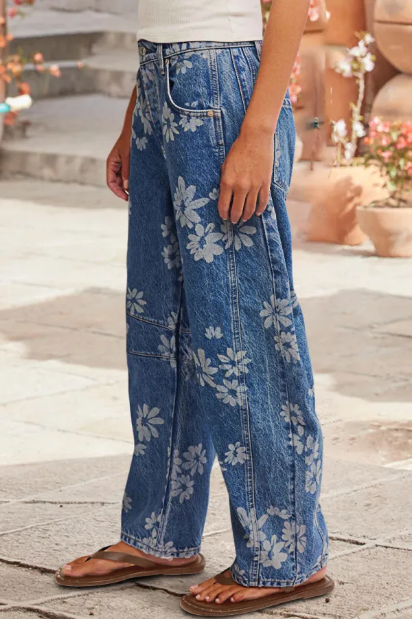Floral Printed Stitch Detail Criss Cross Mid Waist Barrel Leg Jeans