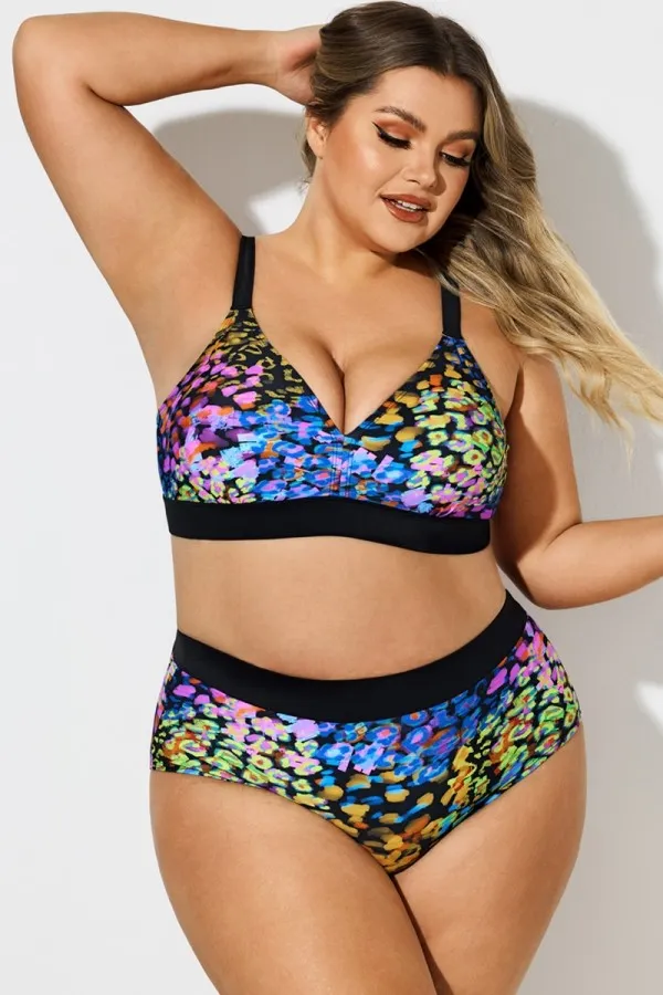 Plus Size V-Neck Neon Leopard Print Bikini Top