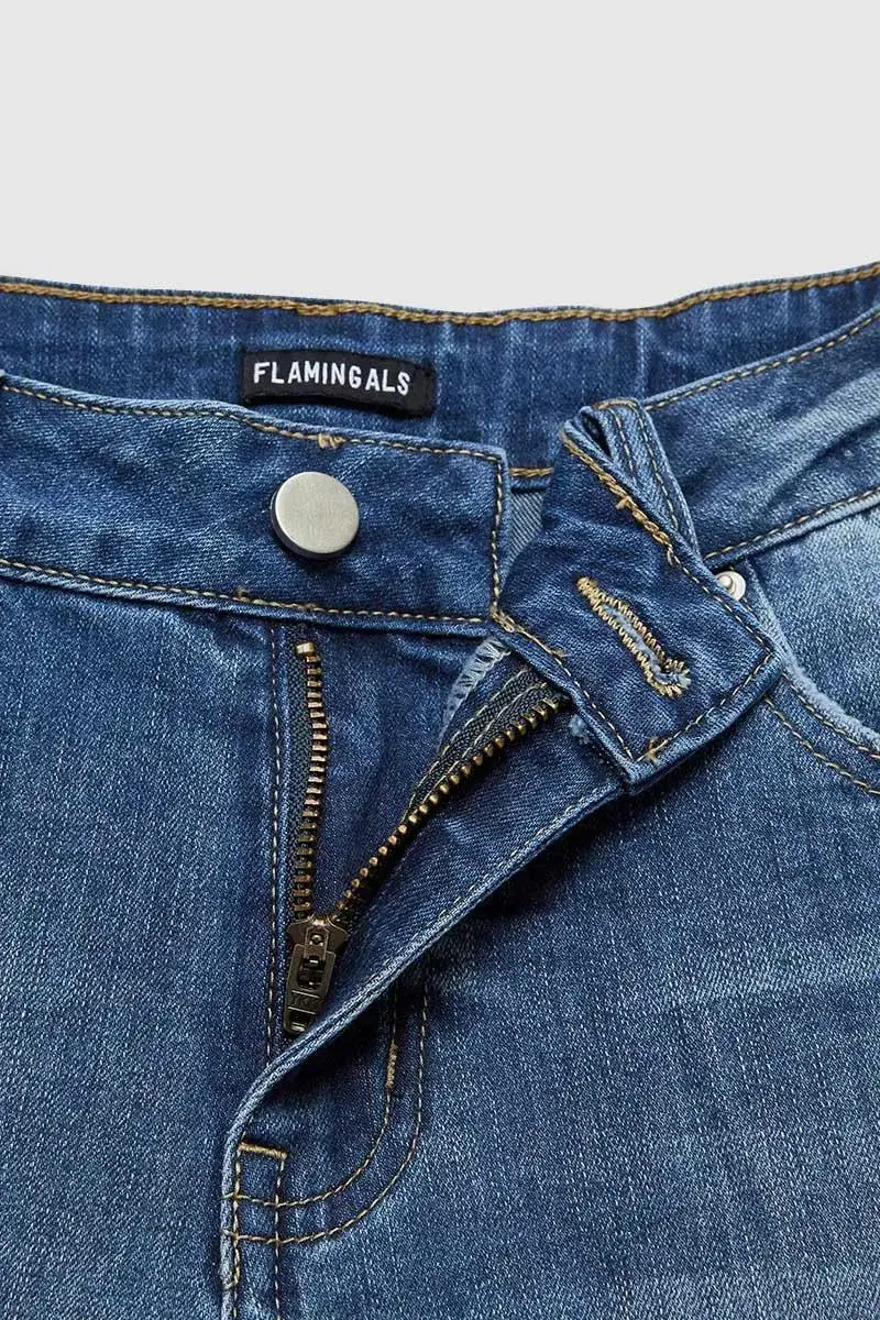 Wash Ripped Roll Hem High Rise Straight Leg Jeans Without Belt