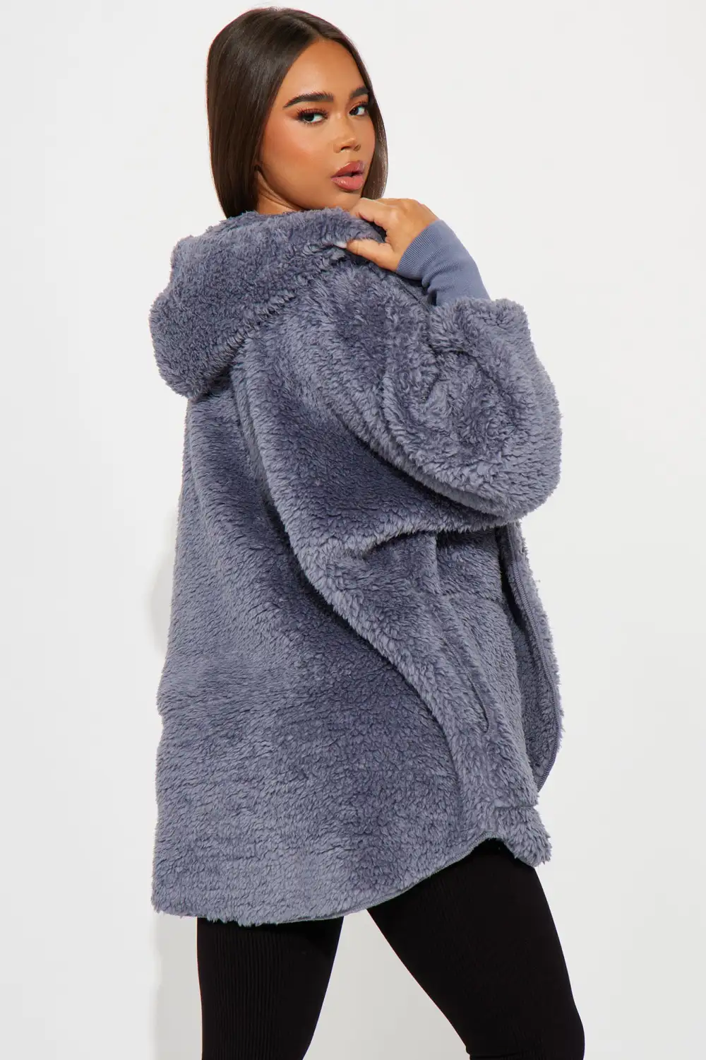 Cozied Up Together Faux Sherpa Jacket - Slate Blue