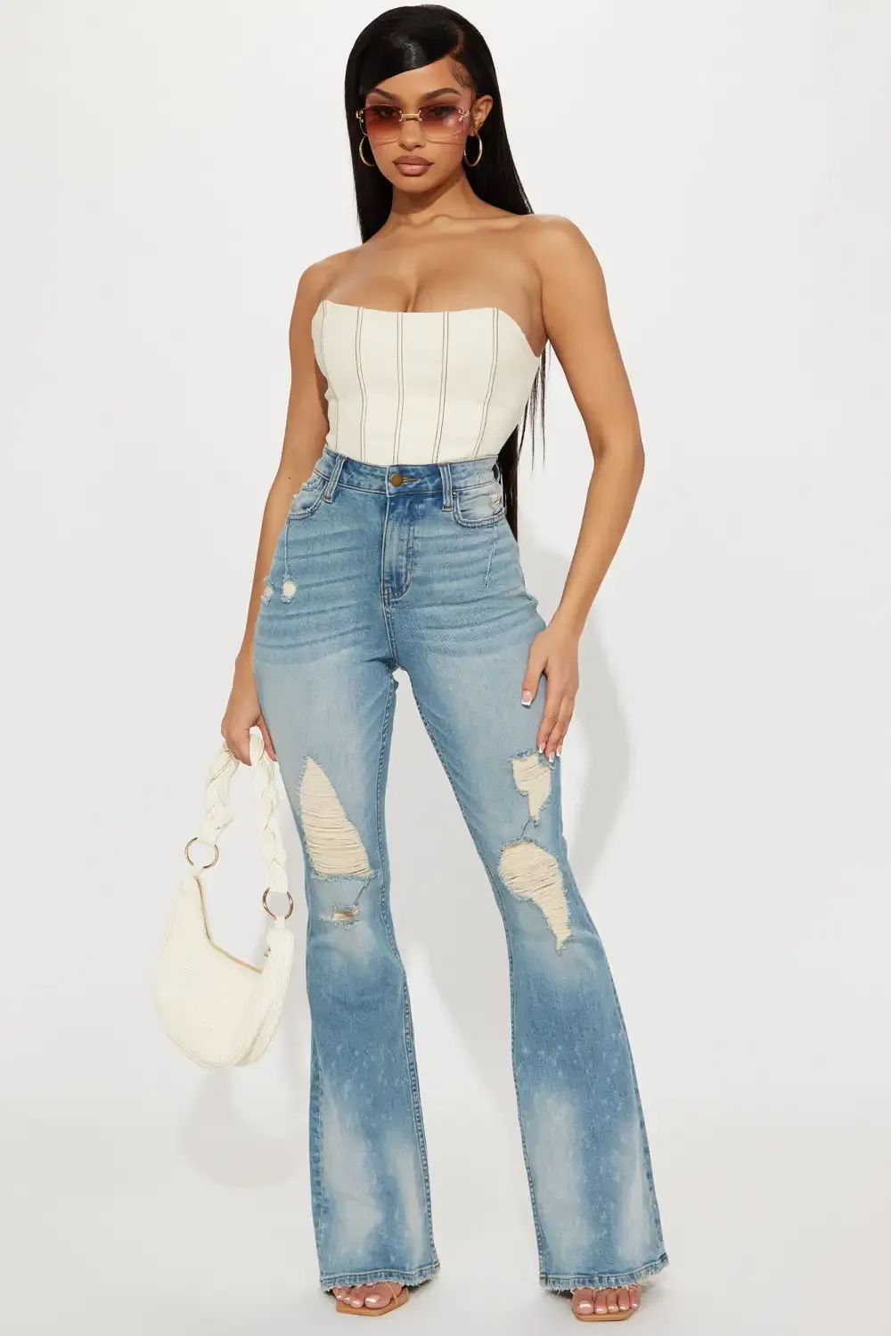 Just A Sec Ripped Low Stretch Flare Jeans - Light Wash