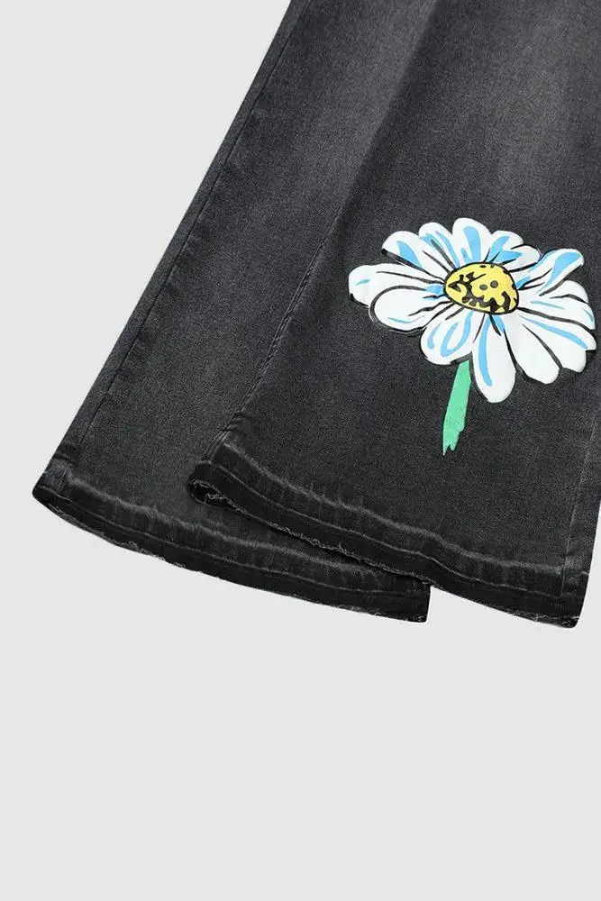 Floral Pattern Crop Mid Rise Wide Leg Jeans Without Belt