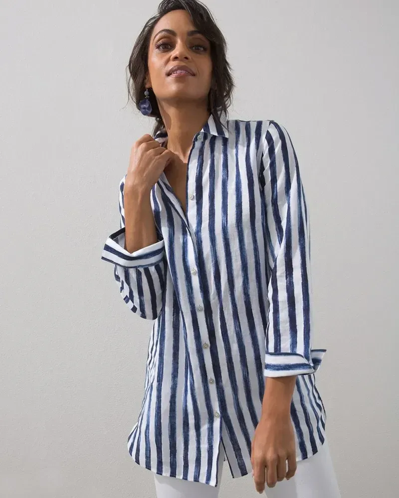 No-Iron Linen Stripe Tunic Classic Navy
