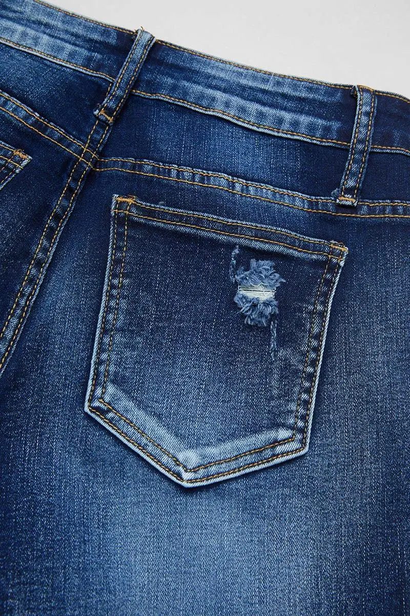 Ripped Raw Hem Mid Waist Denim Mid Thigh Shorts