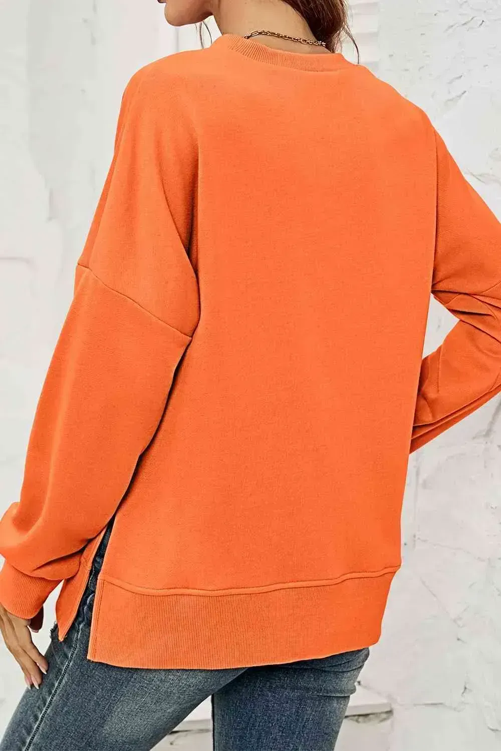 Round Neck  Dropped Shoulder Slit Sweatshirt AC