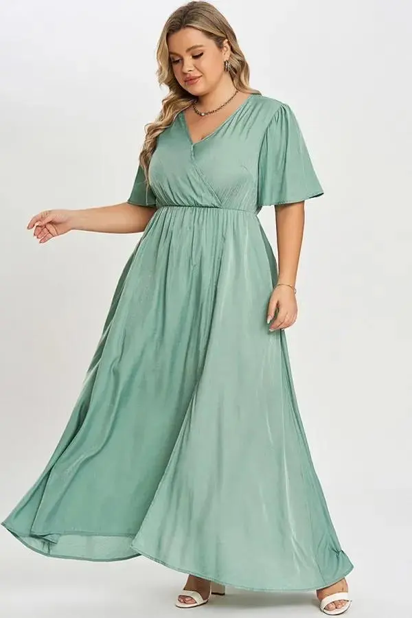 Green Flutter Sleeve Pocket Split Women Maxi Dress