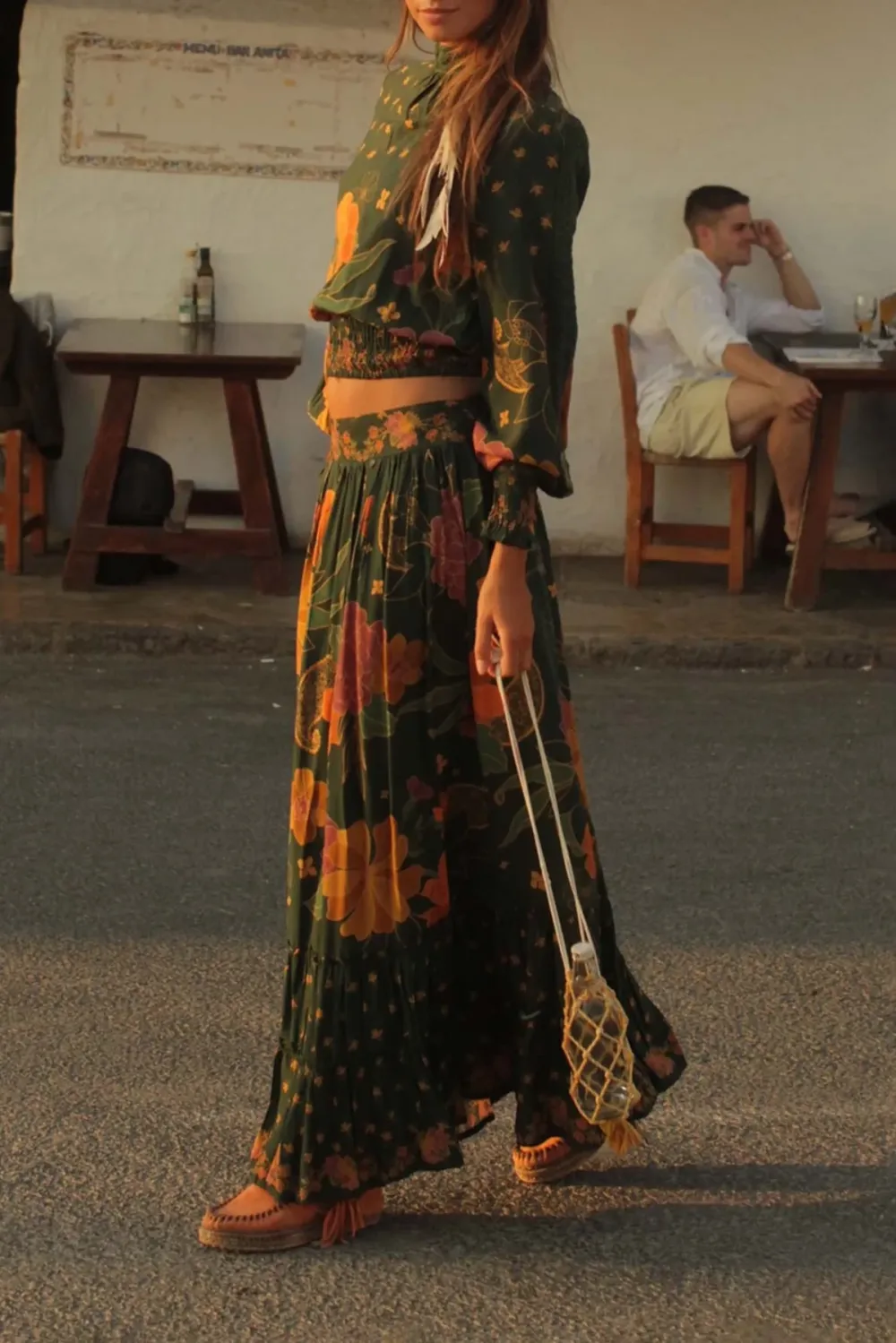 Dark Green And Orange Floral Print Maxi Skirt
