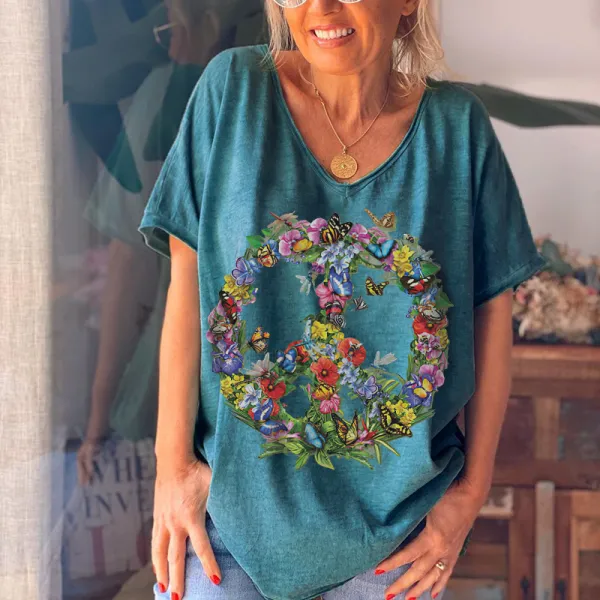 Hippies Flower Ring Design Simple Daily T-shirt