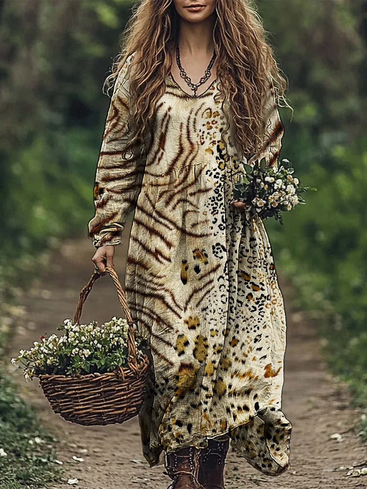 Vintage Zebra & Leopard Pattern Flowy Maxi Dress