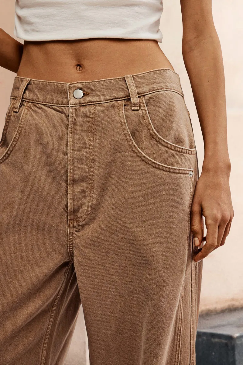 Seam Side Layered Pocket Roll Hem Mid Rise Wide Leg Pants