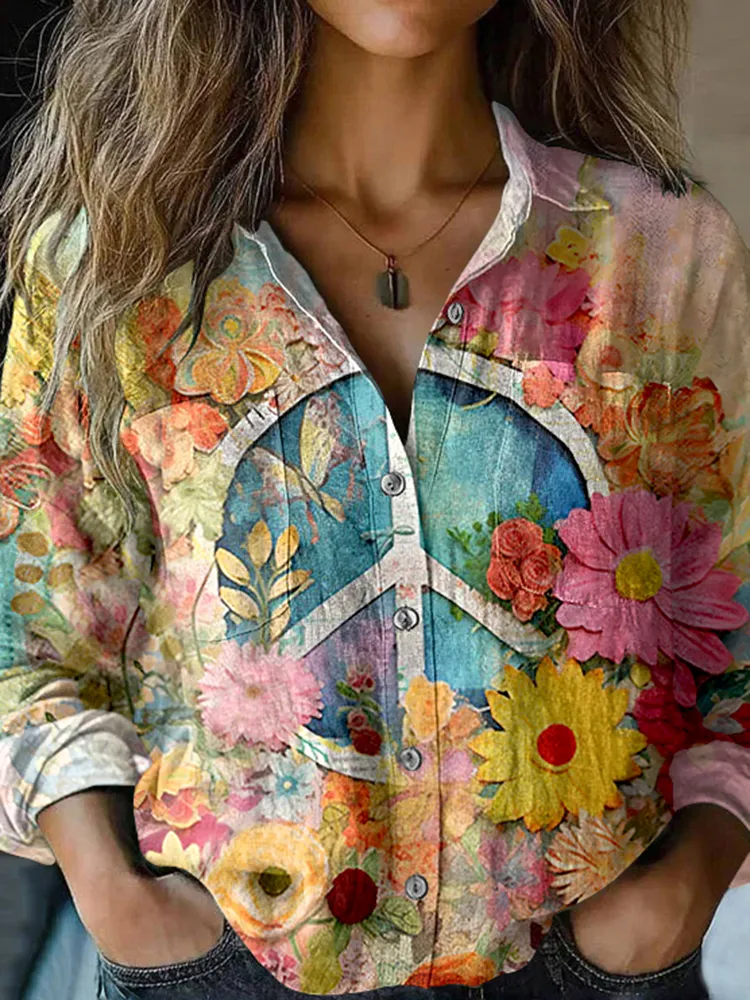 Vintage Hippie Vibe Peace And Love Hippie Floral Painting Art Linen Print Long Sleeve Shirt