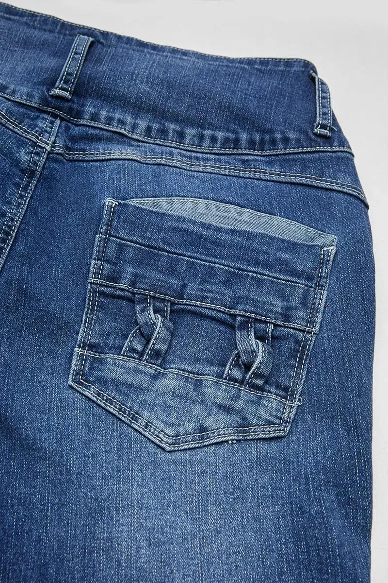 Button Fly Ripped Wash Stretchy High Waist Capri Jeans