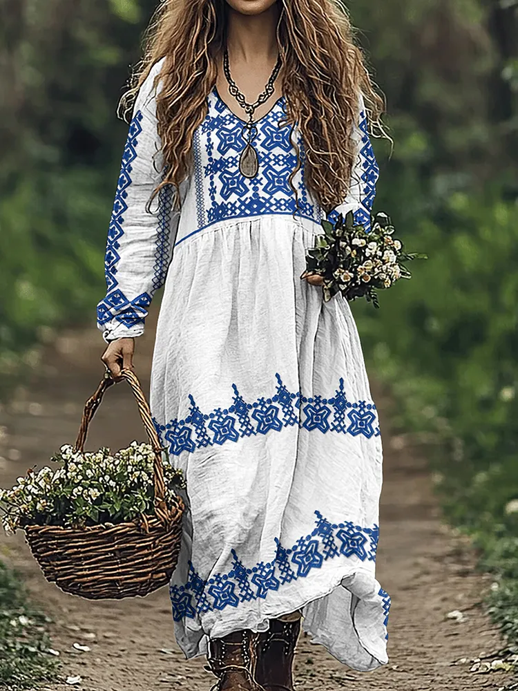 Cretan Pattern V-neck Loose Linen Blend Midi Dress
