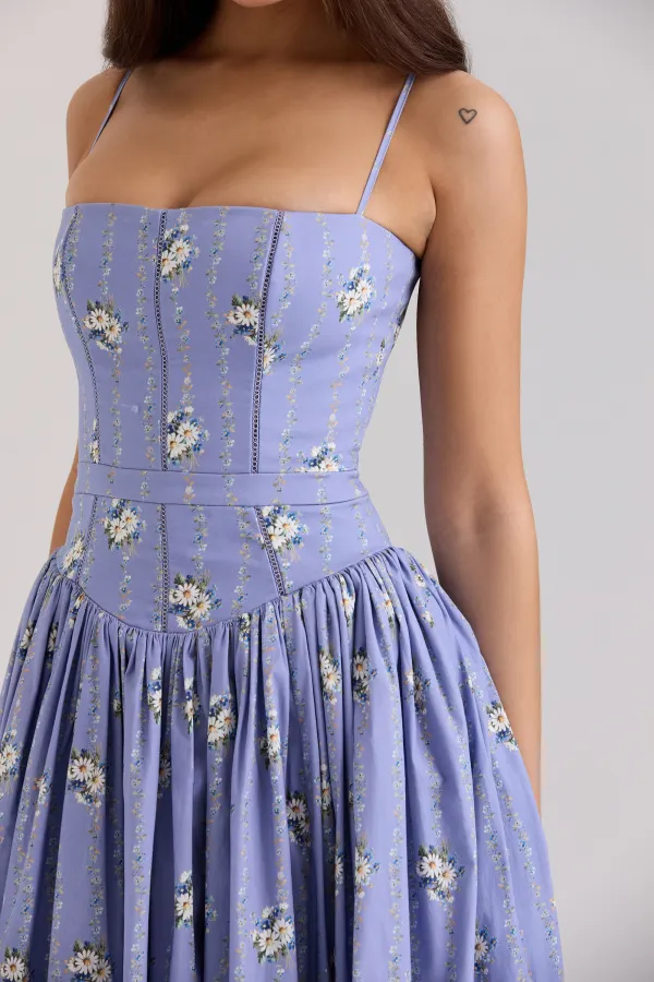 Blue Daisy Print Stretch Cotton Midi Sundress