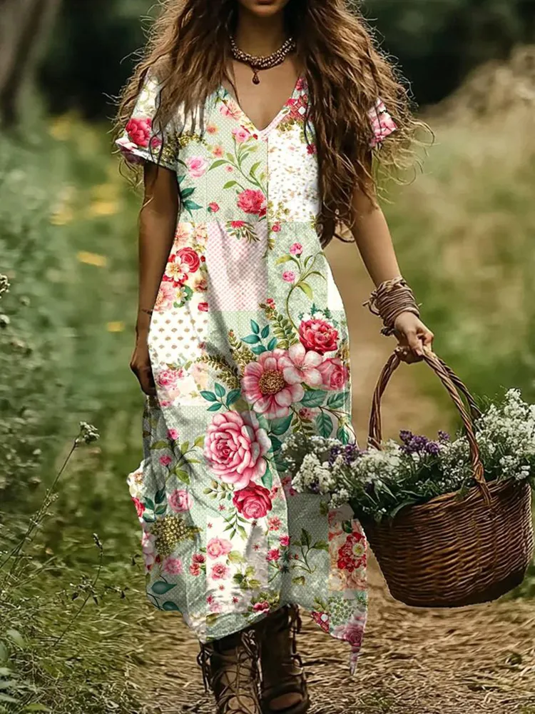 Women's Bohemian Floral Print Short Sleeve Dress