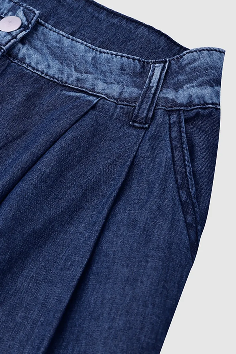 Wash Pleated Detail Wide Leg Mid Rise Jeans
