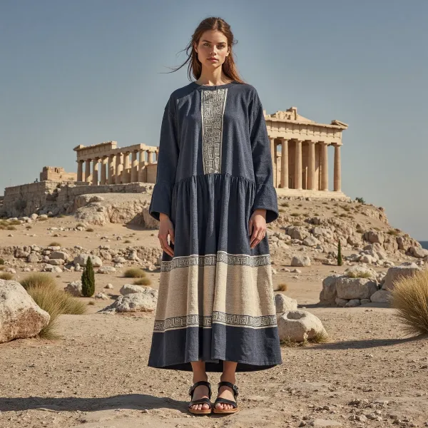 Retro Classic Greek Ethnic Graphics Crew Neck Linen Dress