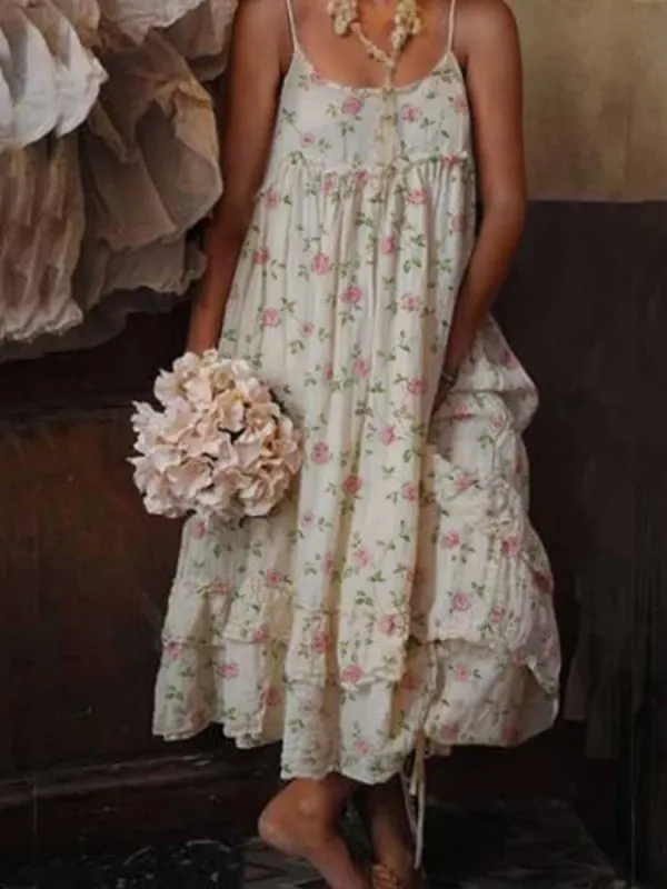 Vintage Floral Printed Sleeveless Loose Maxi Dress
