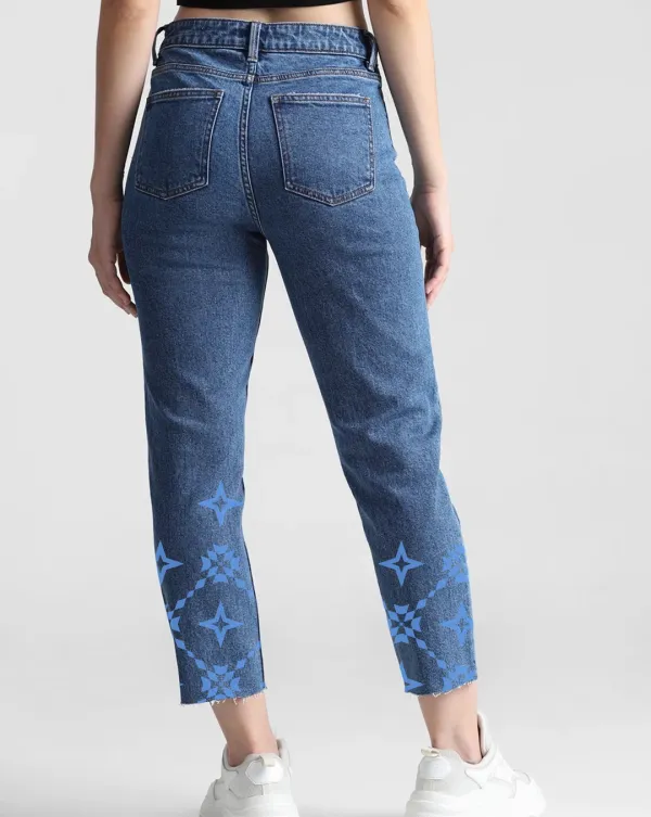 Blue High Rise Mom Fit Jeans with Blue Star Print