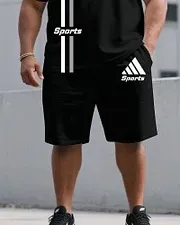 Big Tall Men Black Chest Brand Sports Small Label Printed Round Neck Short Sleeve T-Shirt Shorts Suit